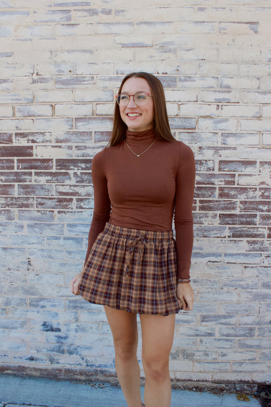 BROWN PLAID BUBBLE SKIRT