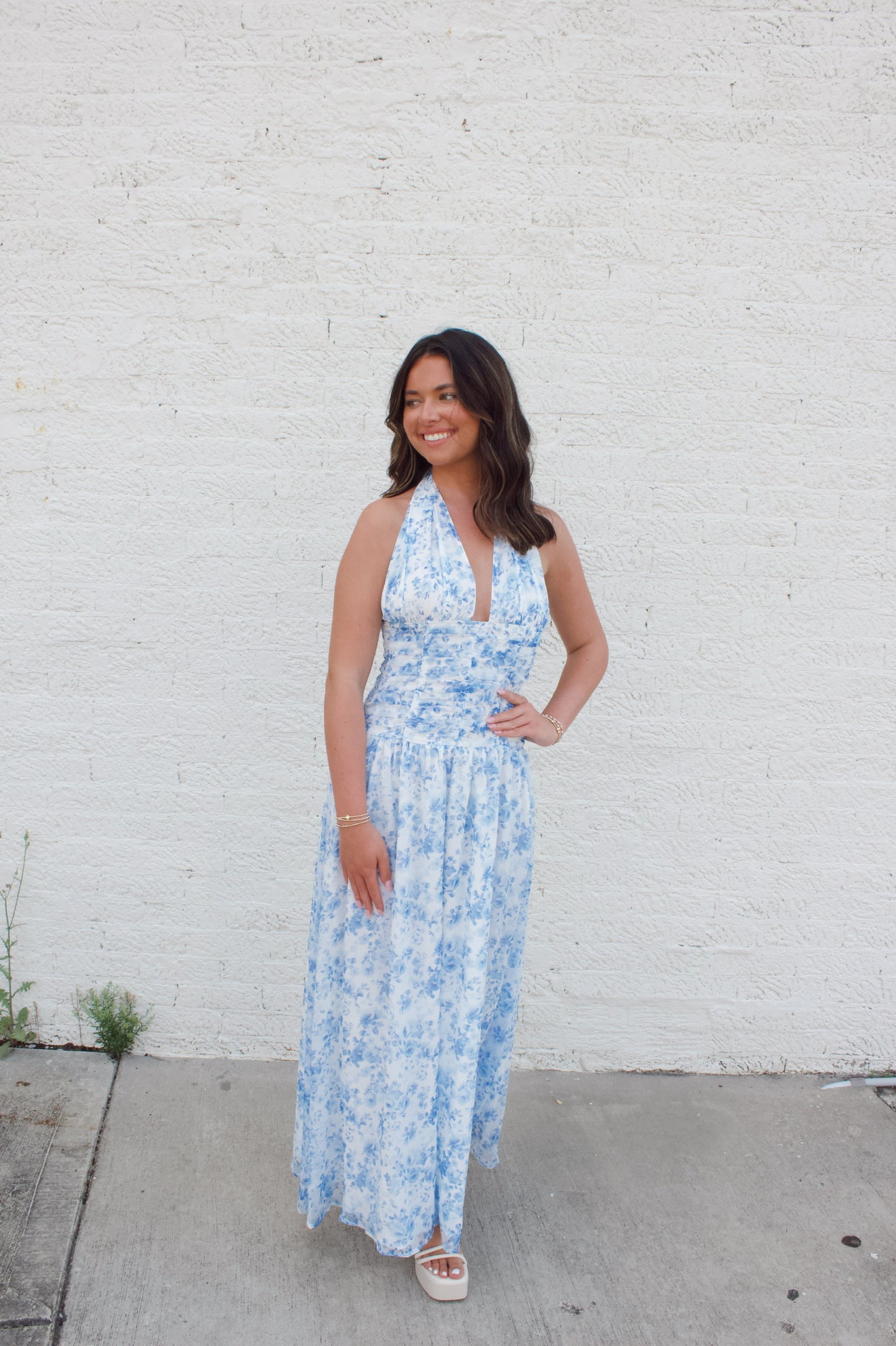 **EMMA RUCHED FLORAL HALTER**