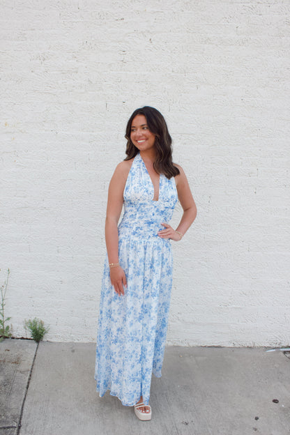 **EMMA RUCHED FLORAL HALTER**