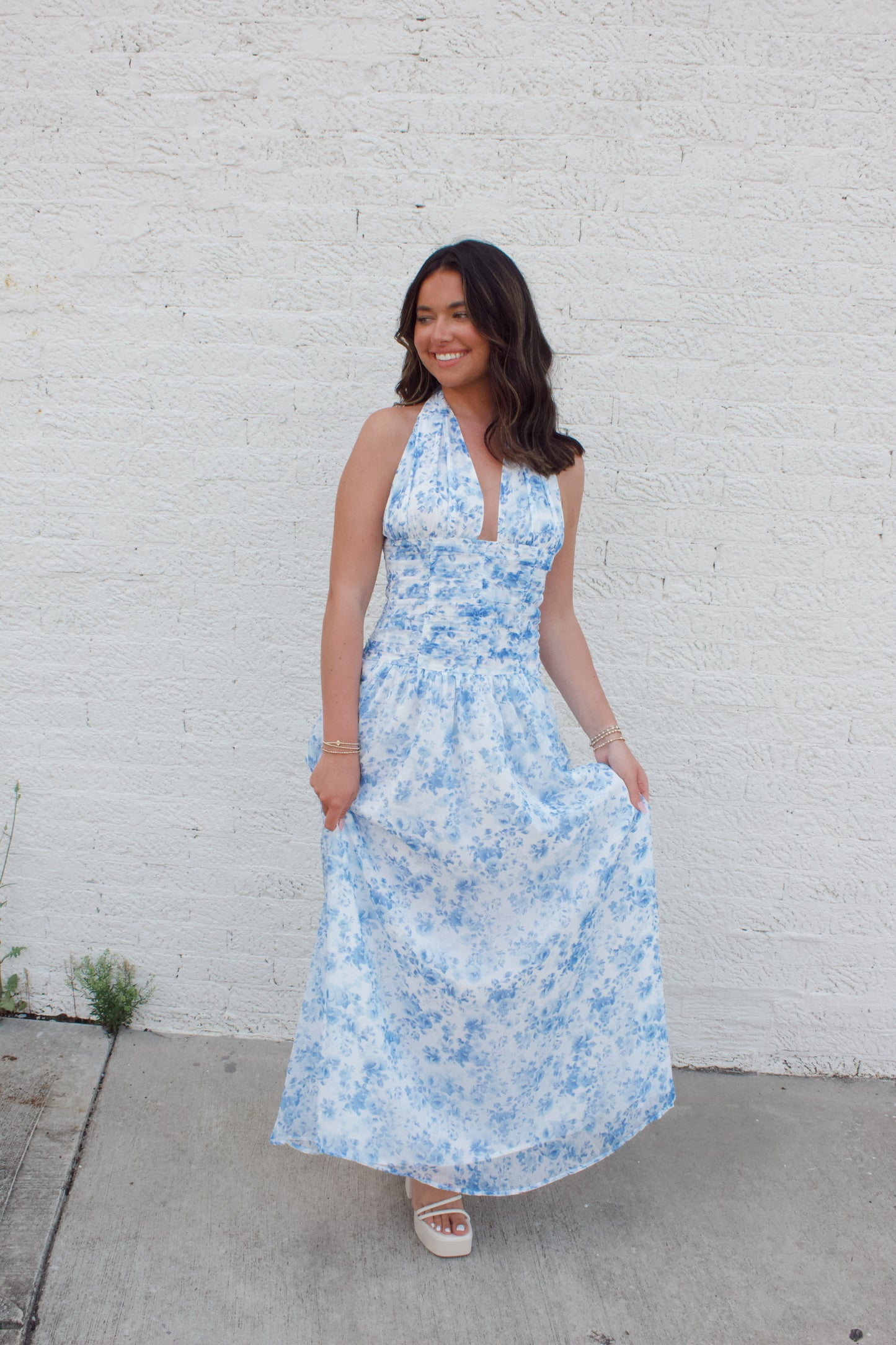 **EMMA RUCHED FLORAL HALTER**